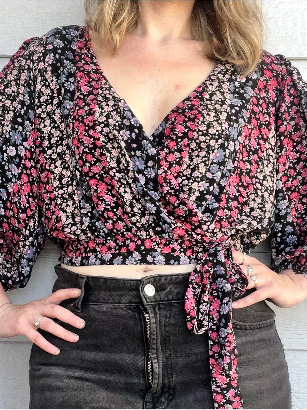 Floral Wrap Crop Top in Black and Pink